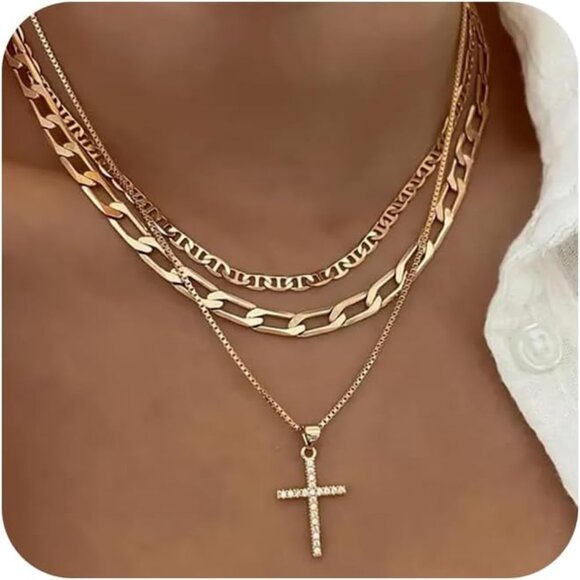 14K Plated Gold Layered Necklaces Featuring Cross Pendant - Timeless Gift - Picture 1 of 7